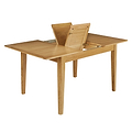 A wooden table with an extendable section partially lifted, set against a white background.