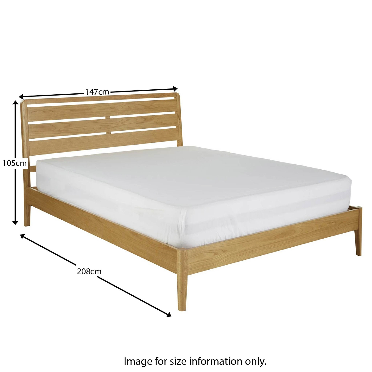 A wooden bed frame with a slatted headboard and a white mattress is depicted, alongside dimensions: width 147cm, height 105cm, length 208cm. Text: "ROSELAND FURNITURE Image for size information only."