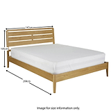 A wooden bed frame with a slatted headboard and a white mattress is depicted, alongside dimensions: width 147cm, height 105cm, length 208cm. Text: "ROSELAND FURNITURE Image for size information only."