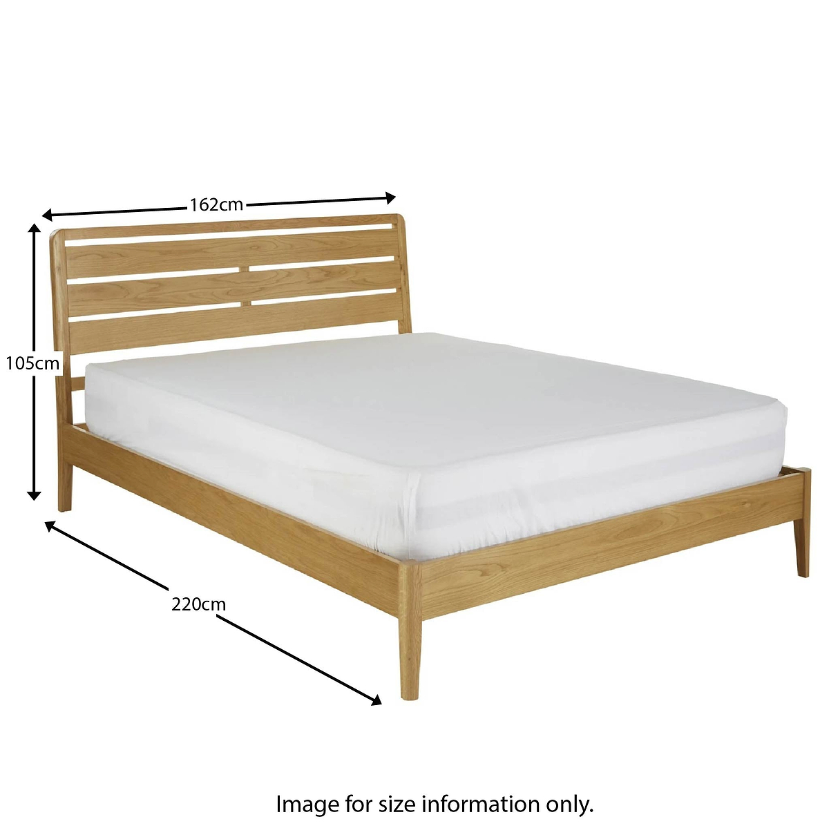 A wooden bed frame with a white mattress showcases dimensions: 162cm wide, 105cm tall headboard, and 220cm long. Labeled "ROSELAND FURNITURE," it’s for size information only.