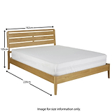 A wooden bed frame with a white mattress showcases dimensions: 162cm wide, 105cm tall headboard, and 220cm long. Labeled "ROSELAND FURNITURE," it’s for size information only.