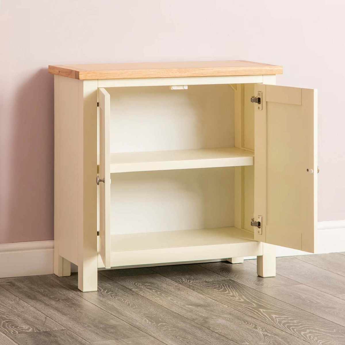 Farrow Cream Cupboard from Roseland Furniture - Side view with cupboard doors open