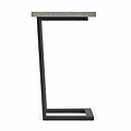 A modern side table with a dark gray metal frame and a rectangular, wood grain top, isolated against a white background.