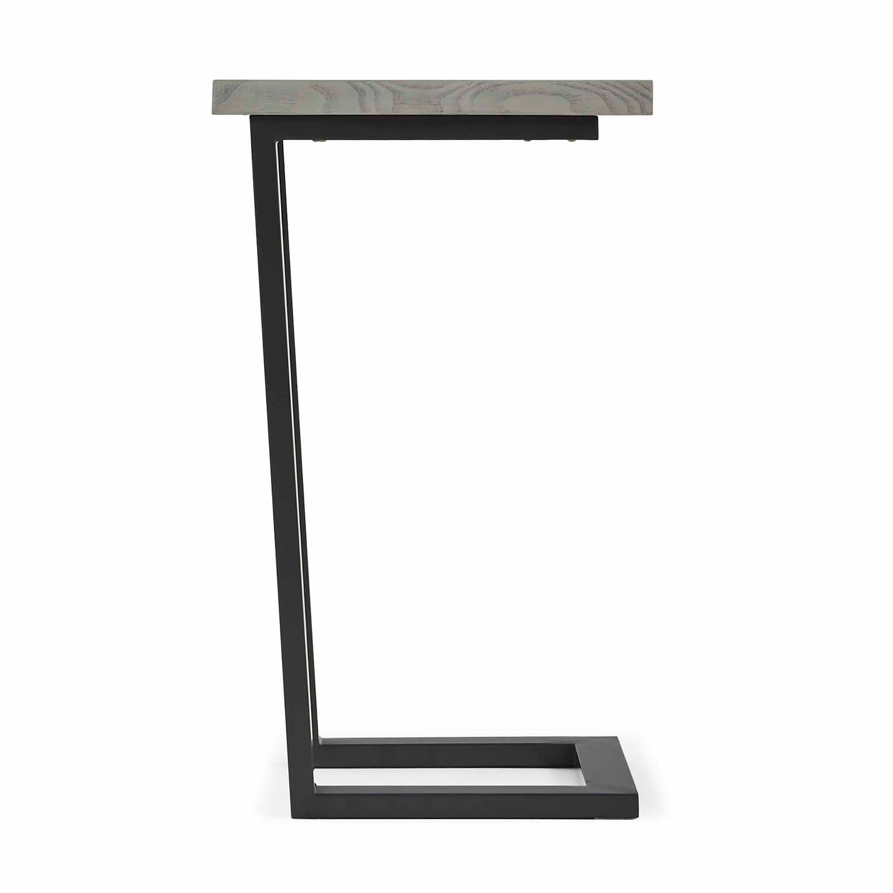 A modern side table with a dark gray metal frame and a rectangular, wood grain top, isolated against a white background.