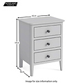 A white three-drawer bedside cabinet is displayed with dimensions: 45cm wide, 59cm high, 36cm deep. The logo "ROSELAND Furniture" is present, with a note "Image for size information only."