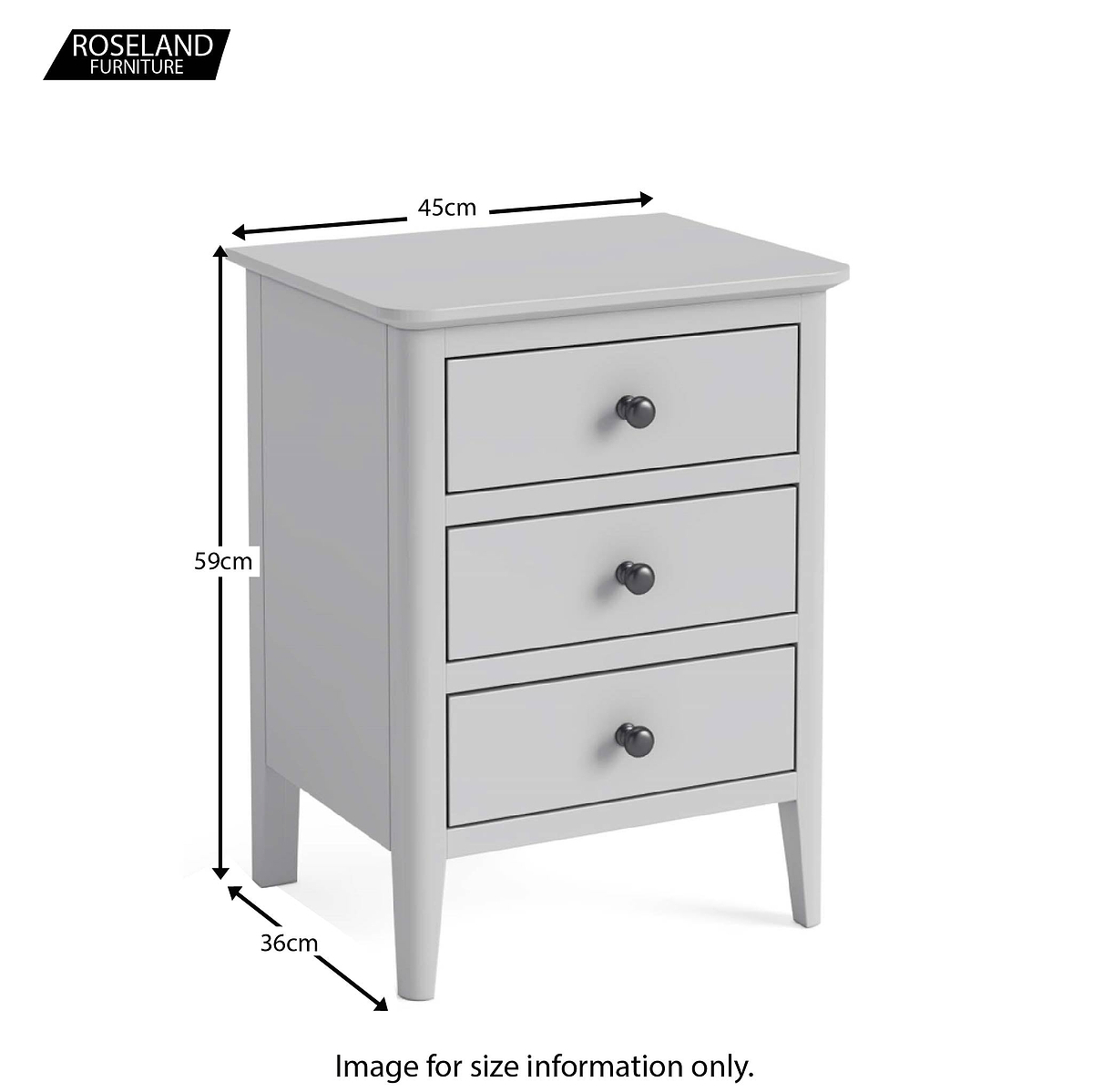 A white three-drawer bedside cabinet is displayed with dimensions: 45cm wide, 59cm high, 36cm deep. The logo "ROSELAND Furniture" is present, with a note "Image for size information only."