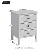 A white three-drawer bedside cabinet is displayed with dimensions: 45cm wide, 59cm high, 36cm deep. The logo "ROSELAND Furniture" is present, with a note "Image for size information only."