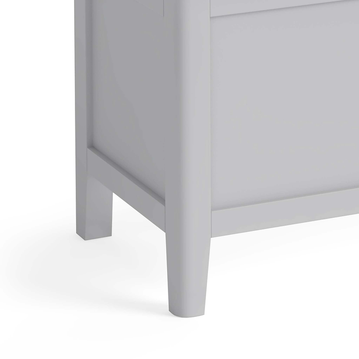 close up of tapered legs on the Elgin Grey Blanket Box