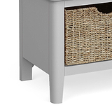 close up of tapered legs on the Elgin Grey Storage Bench