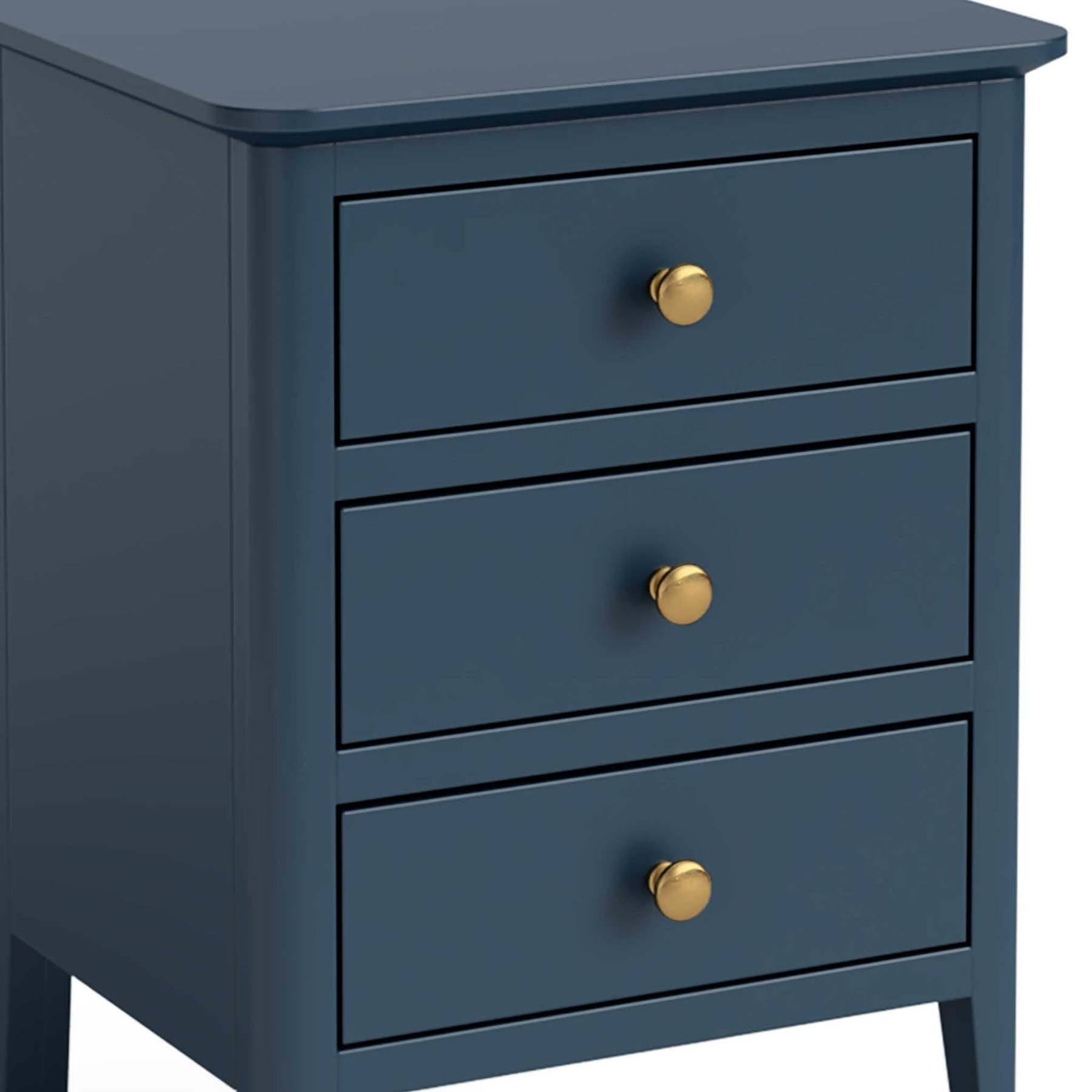 close up of gold handles on the Stirling Blue Bedside Table