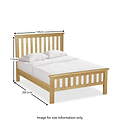 A wooden bed with white bedding annotated with dimensions: length 200.5cm, width 134cm, headboard height 115cm. Logo "ROSELAND Furniture." Below: "Image for size information only."