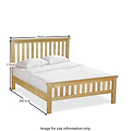 A wooden bed frame with white bedding stands against a white background. Dimensions are indicated: 150cm width, 200.5cm length, 115cm headboard height. Below is the text "ROSELAND FURNITURE" and "Image for size information only."