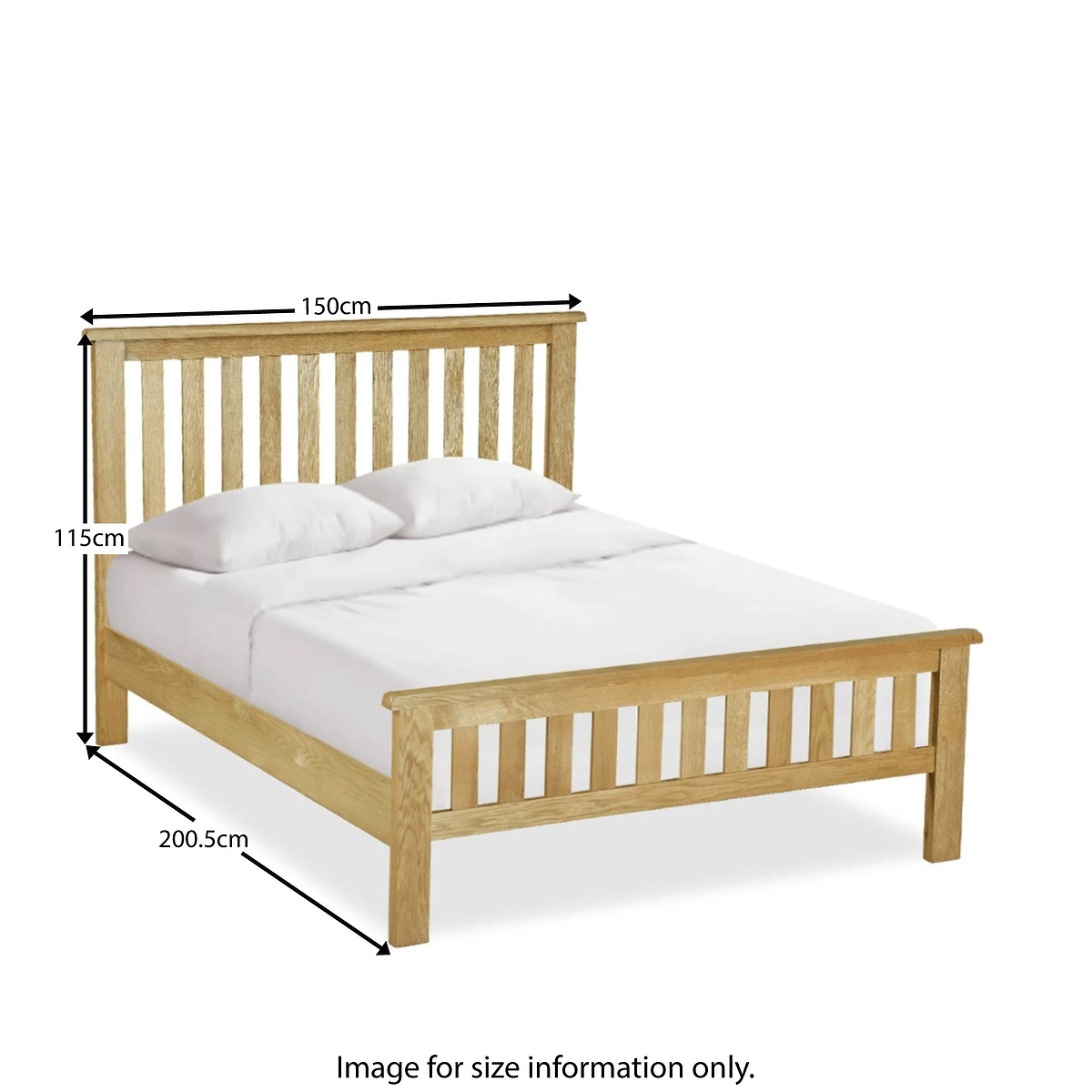 A wooden bed frame with white bedding stands against a white background. Dimensions are indicated: 150cm width, 200.5cm length, 115cm headboard height. Below is the text "ROSELAND FURNITURE" and "Image for size information only."