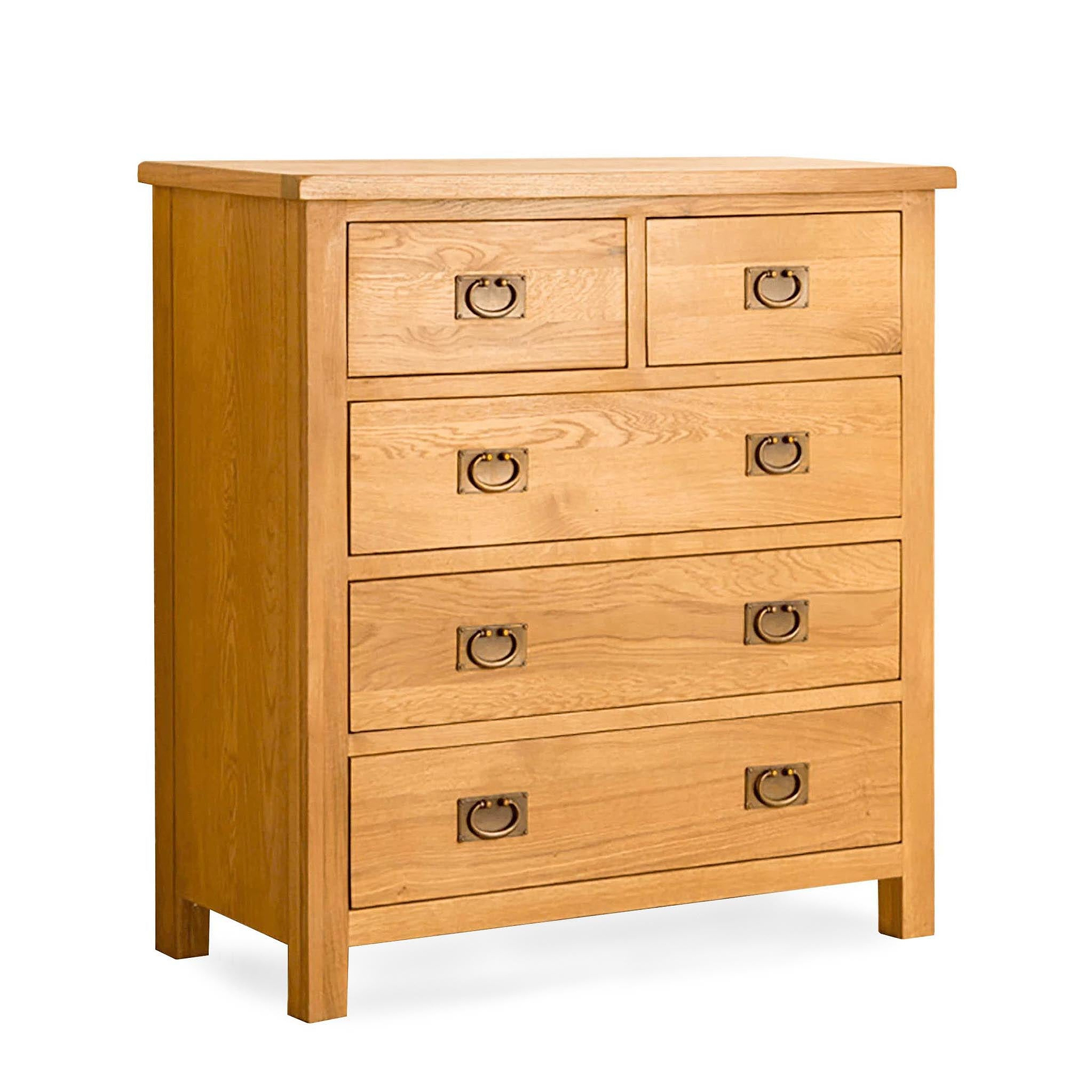 A wooden chest of drawers with 5 visible, closed drawers featuring round metal handles, against a white background.