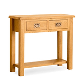 A wooden console table stands, featuring two drawers with metal handles, against an isolated white background.