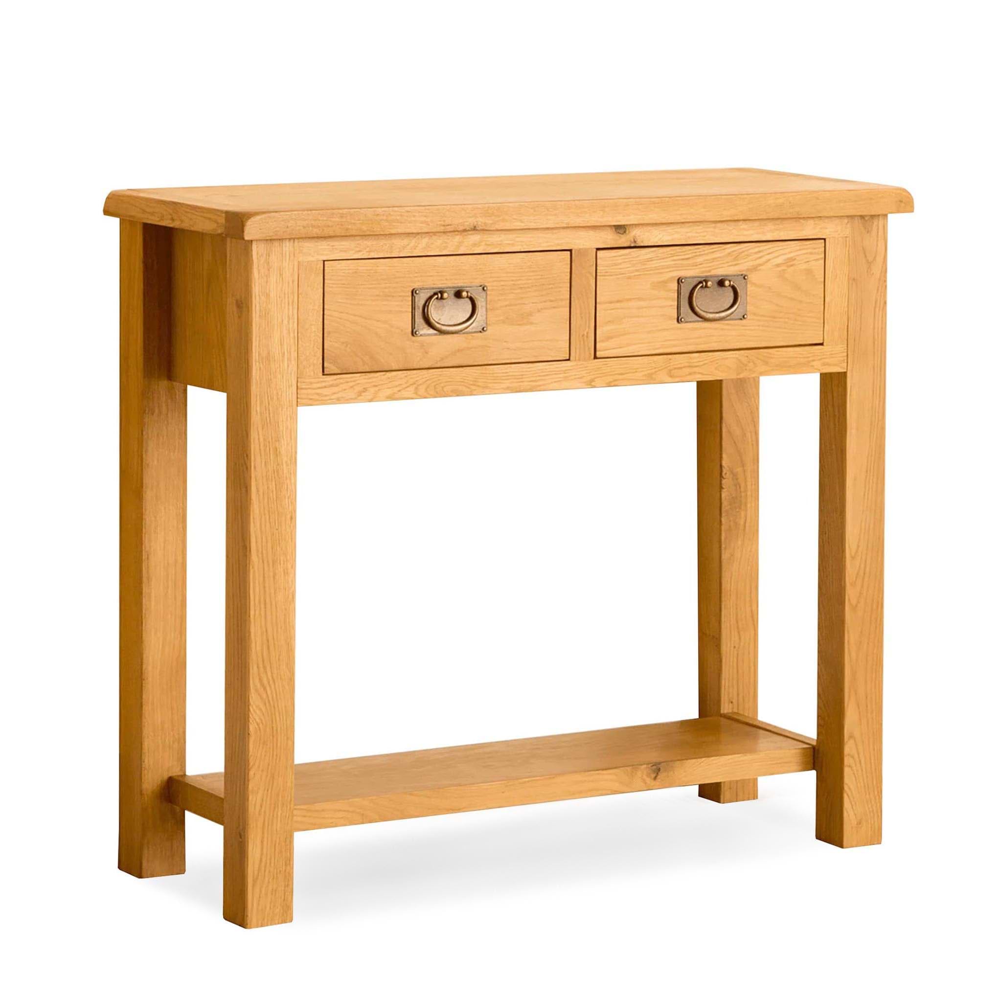 A wooden console table stands, featuring two drawers with metal handles, against an isolated white background.