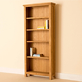 Light oak bookcase with five shelves, holding books.