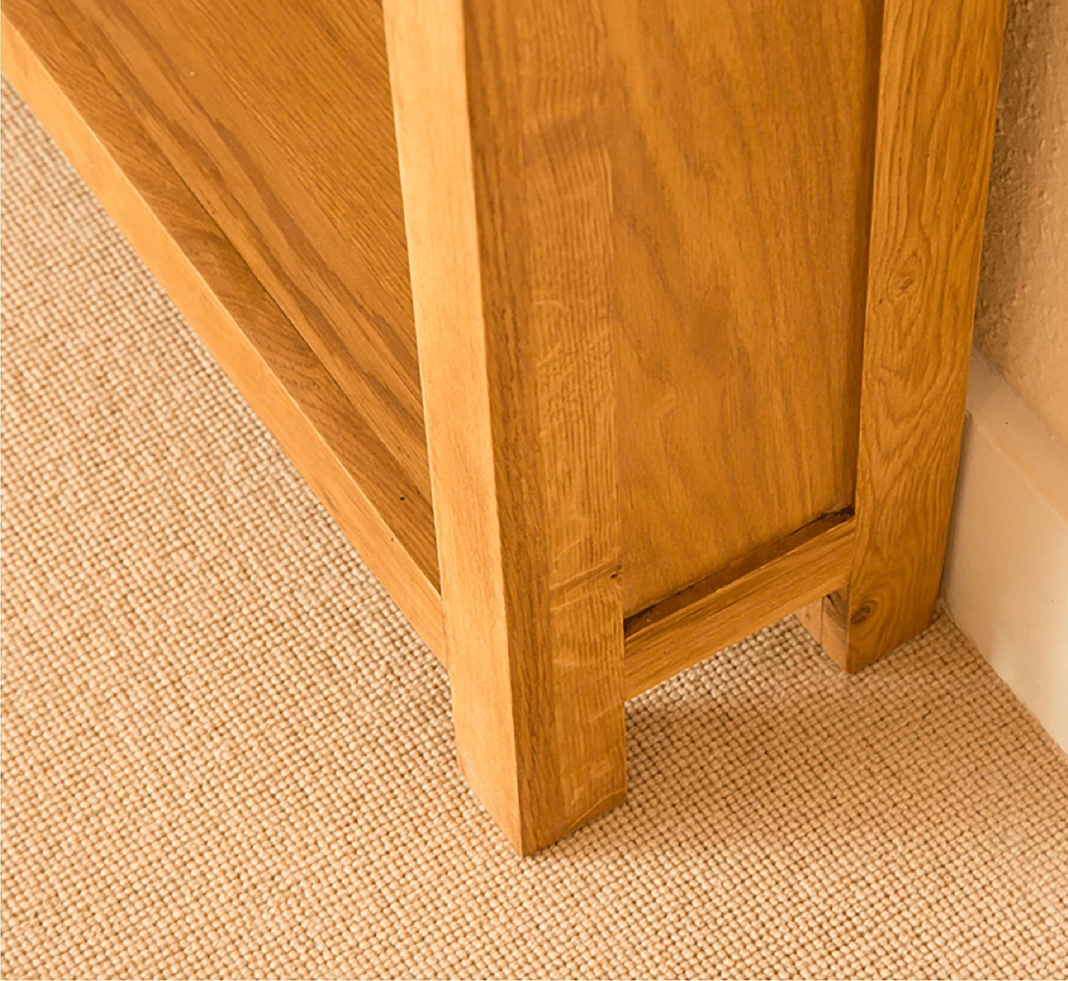Lanner Oak Narrow Bookcase bottom front corner view