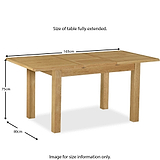 An extended wooden dining table labeled "ROSELAND FURNITURE" with dimensions: 165cm length, 80cm width, and 75cm height. Text states, "Size of table fully extended." and "Image for size information only."
