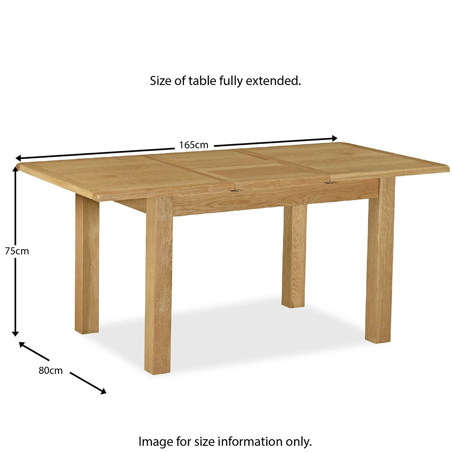 An extended wooden dining table labeled "ROSELAND FURNITURE" with dimensions: 165cm length, 80cm width, and 75cm height. Text states, "Size of table fully extended." and "Image for size information only."