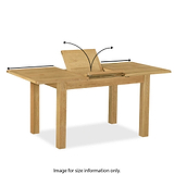 An oak dining table with a partially extended leaf, showcasing a mechanism, against a white background. Text: "ROSELAND FURNITURE Image for size information only."
