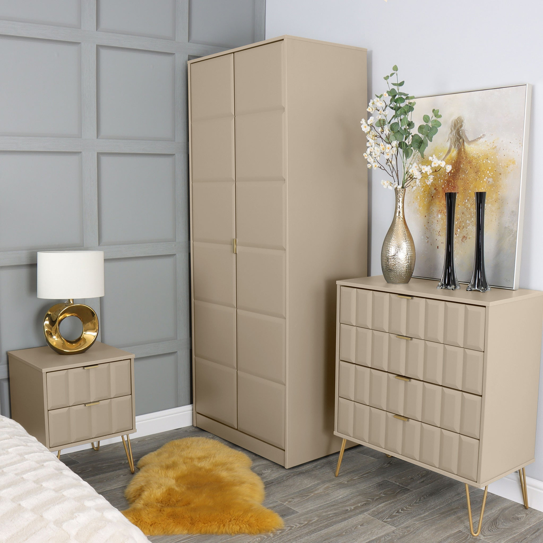 Harlow Taupe 2 Drawer Bedside with Gold Hairpin Legs for bedroom
