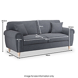 A three-seater, charcoal-gray sofa with dimensions labeled: height 89.5cm, width 192cm, seat depth 48cm, seat width 140cm, armrest height 63.5cm. Text: "Image for size information only."