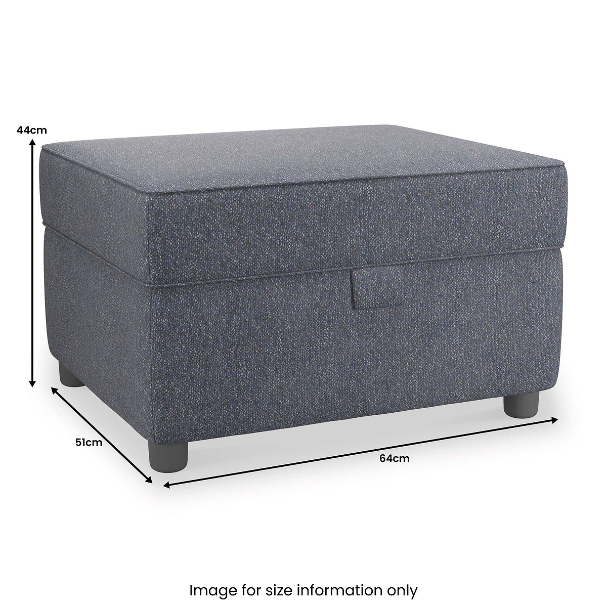 A gray upholstered storage ottoman sits idle against a white background, with dimensions labeled: 44cm high, 51cm deep, 64cm wide. Text reads "Image for size information only."