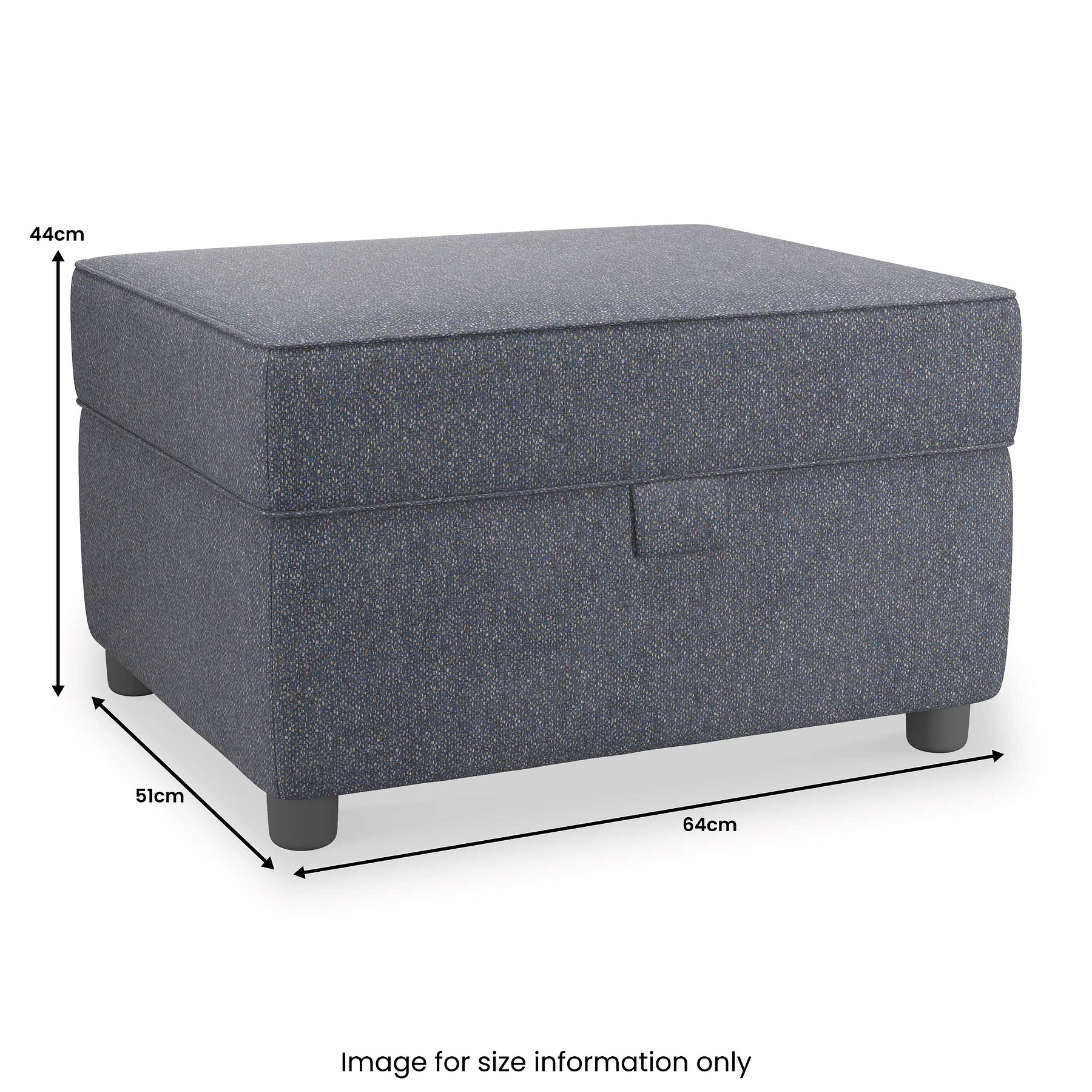 A gray upholstered storage ottoman sits idle against a white background, with dimensions labeled: 44cm high, 51cm deep, 64cm wide. Text reads "Image for size information only."