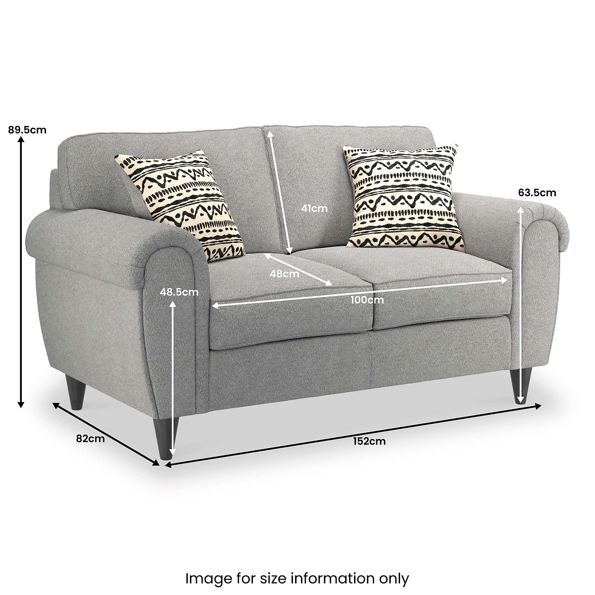 A grey two-seater sofa with patterned cushions, labeled with dimensions: height 89.5cm, width 152cm, depth 82cm, seat height 48.5cm, seat depth 48cm, seat width 100cm, back height 63.5cm, and arm width 41cm. Text: "Image for size information only."