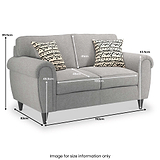 A grey two-seater sofa with patterned cushions, labeled with dimensions: height 89.5cm, width 152cm, depth 82cm, seat height 48.5cm, seat depth 48cm, seat width 100cm, back height 63.5cm, and arm width 41cm. Text: "Image for size information only."