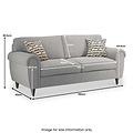 A grey three-seater sofa with two patterned cushions, annotated with dimensions against a white background. Text reads: "Image for size information only".