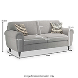 A grey three-seater sofa with two patterned cushions, annotated with dimensions against a white background. Text reads: "Image for size information only".