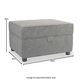 A grey upholstered storage ottoman with dimensions labeled: 44cm height, 51cm depth, 64cm width. Placed against a white background with a note "Image for size information only".