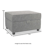 A grey upholstered storage ottoman with dimensions labeled: 44cm height, 51cm depth, 64cm width. Placed against a white background with a note "Image for size information only".