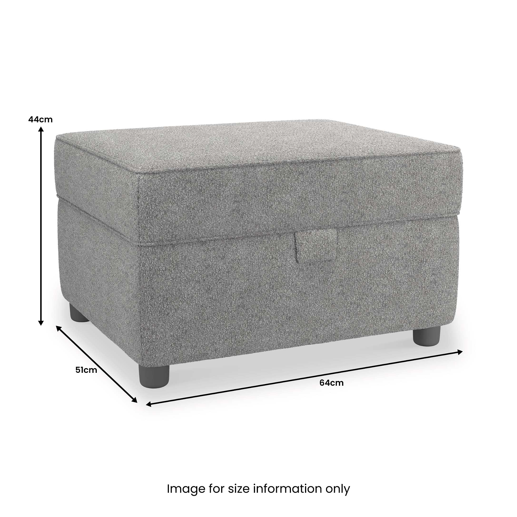 A grey upholstered storage ottoman with dimensions labeled: 44cm height, 51cm depth, 64cm width. Placed against a white background with a note "Image for size information only".