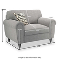 A grey armchair with dimensions labeled, accompanied by a patterned cushion, against a white background. Text at bottom reads, "Image for size information only."