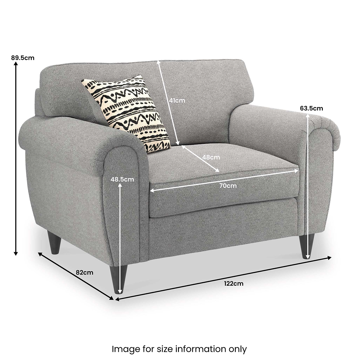 A grey armchair with dimensions labeled, accompanied by a patterned cushion, against a white background. Text at bottom reads, "Image for size information only."