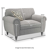 A grey armchair with dimensions labeled, accompanied by a patterned cushion, against a white background. Text at bottom reads, "Image for size information only."
