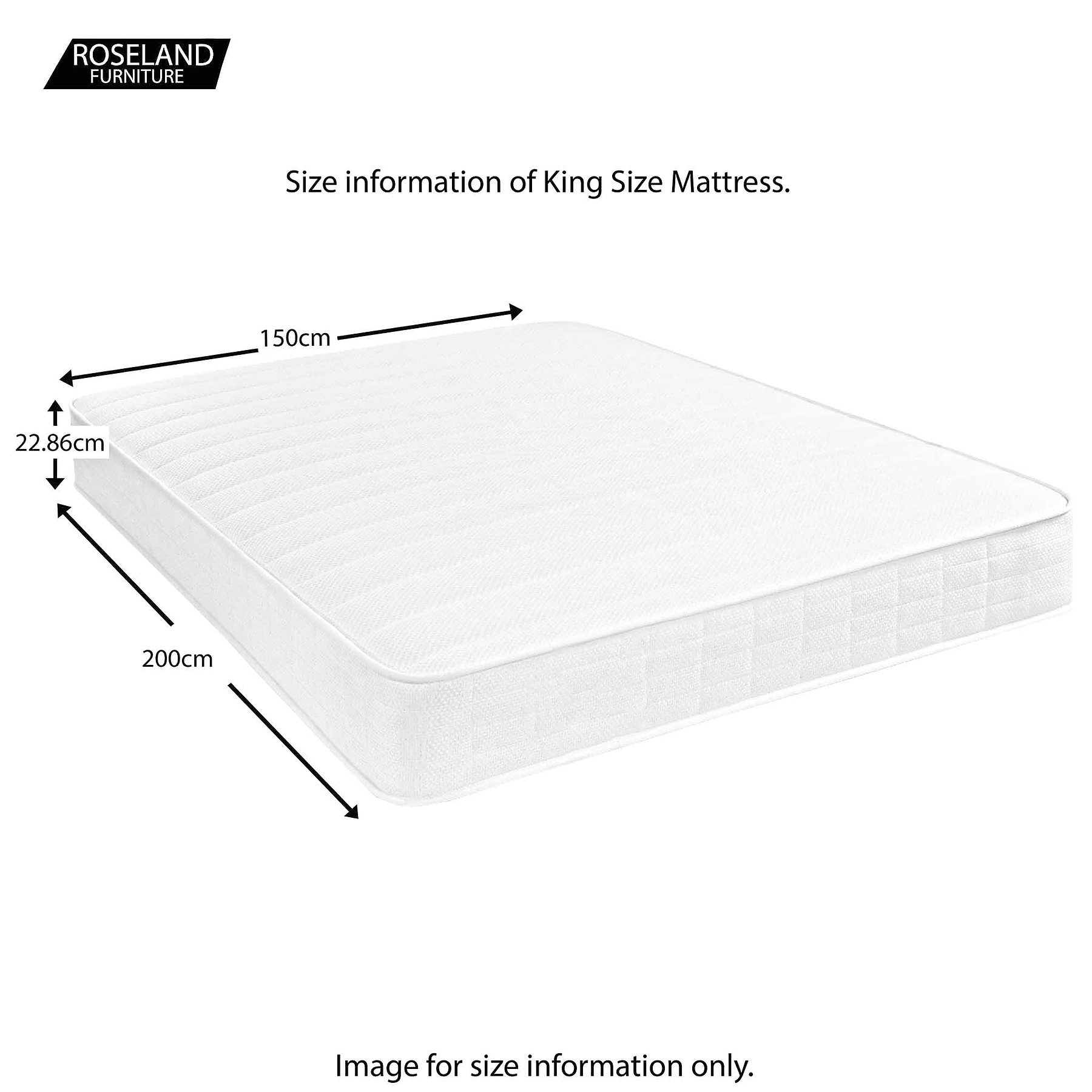 A white king size mattress with dimensions labeled: length 200cm, width 150cm, height 22.86cm. Text reads "ROSELAND FURNITURE Size information of King Size Mattress. Image for size information only."