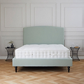 Liberty Duck Egg Upholstered Linen Bed Frame dark wooden legs