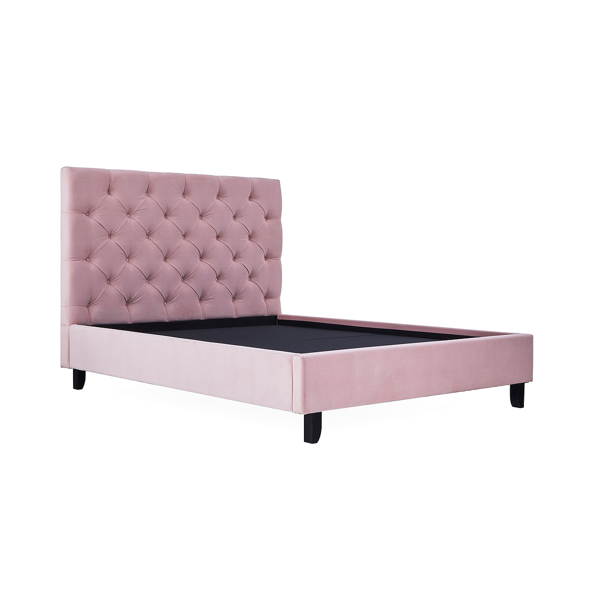 A pink upholstered bed frame with a tufted headboard stands isolated against a white background.