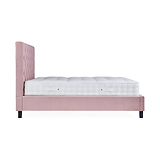 A single pink upholstered bed with a quilted white mattress, shown in a side view against a white background.