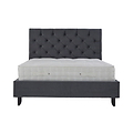 A gray upholstered bed with a button-tufted headboard and a white mattress, isolated against a white background.