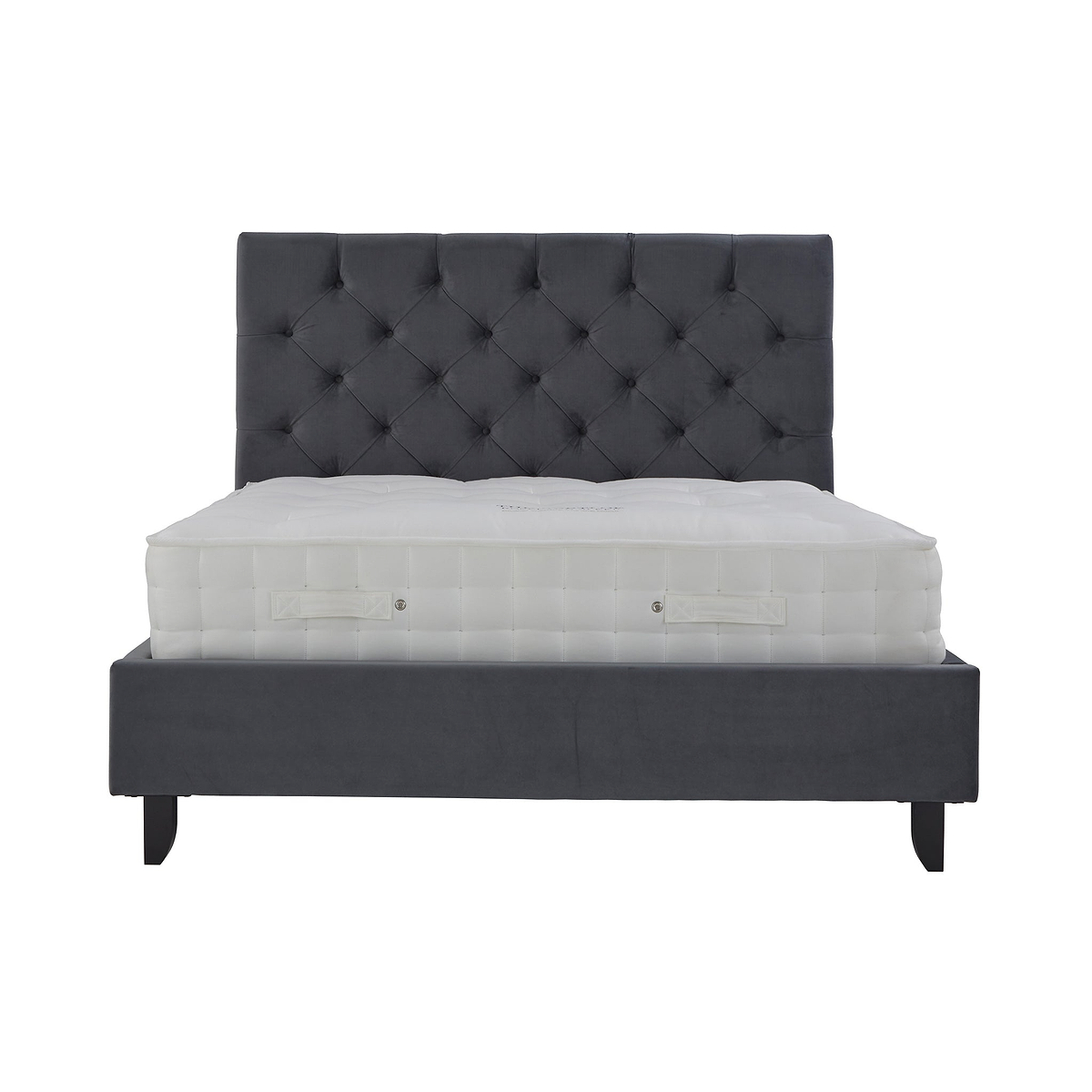 A gray upholstered bed with a button-tufted headboard and a white mattress, isolated against a white background.