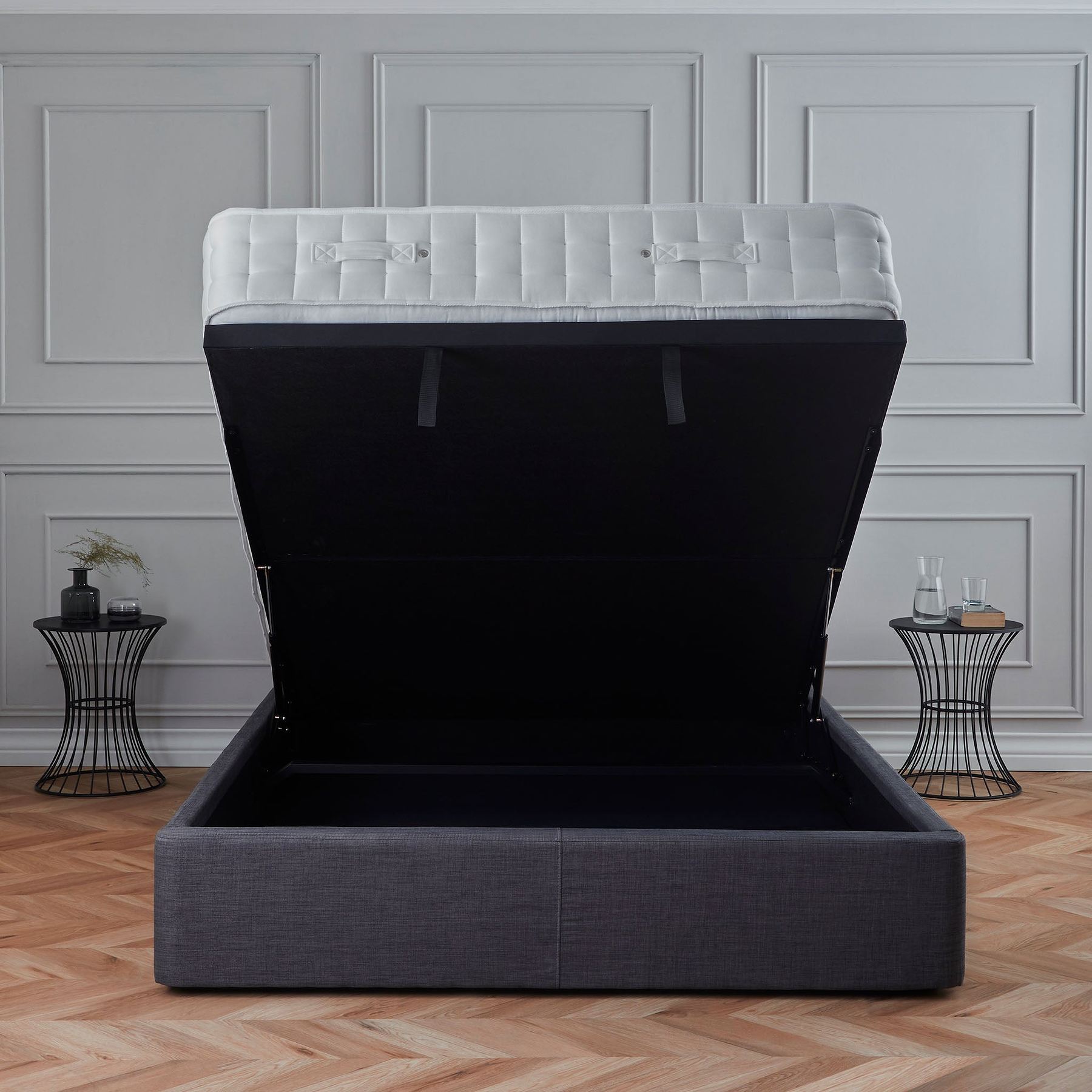 Sofie Upholstered Charcoal Linen Ottoman Storage Bed  opened under bed storage front view
