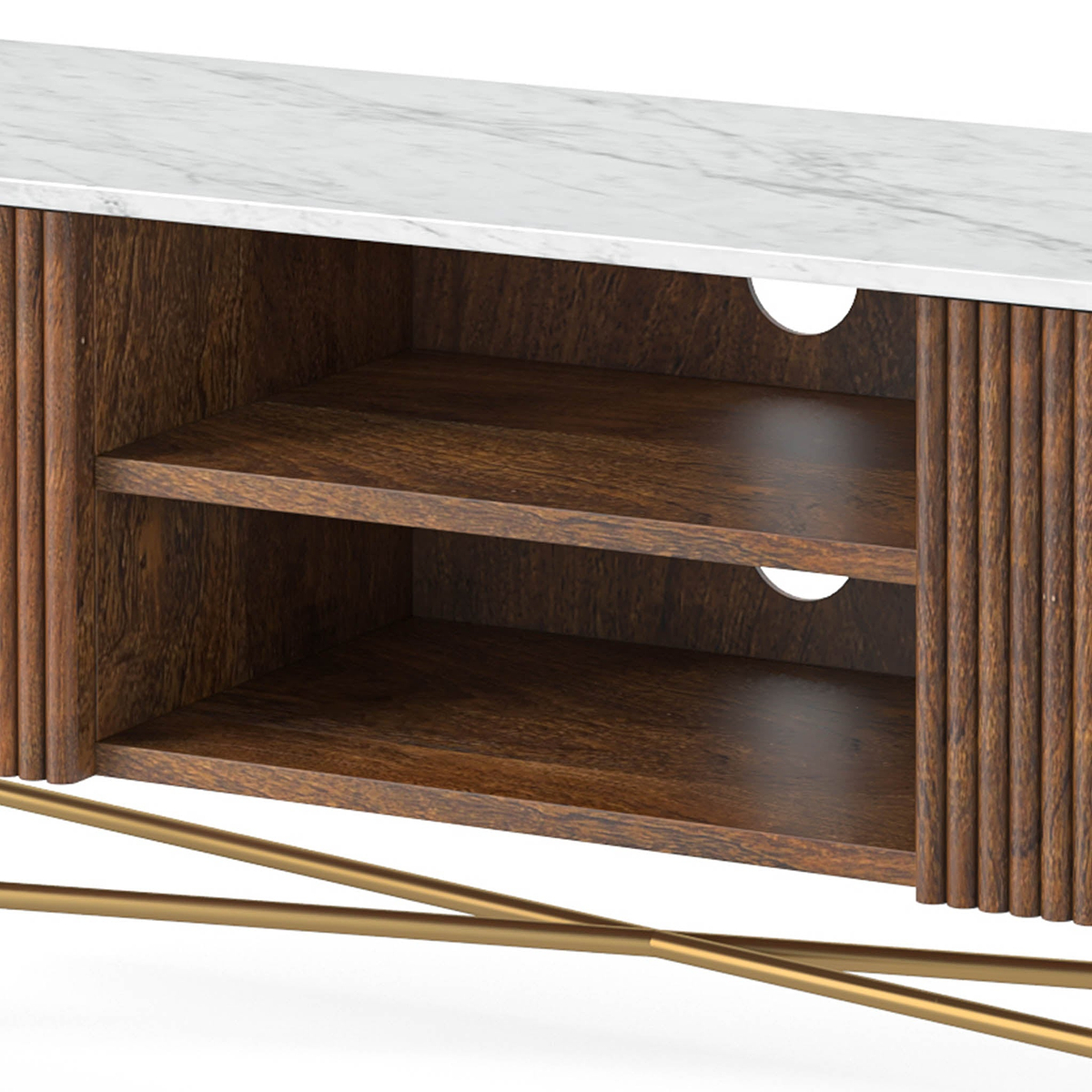 Milo Mango & Marble Fluted Extra Large TV Media Unit - Close up of cable access points and shelves