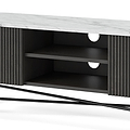 Milo Mango & Marble Fluted Wide TV Media Unit - Close up of Cable access points and shelves