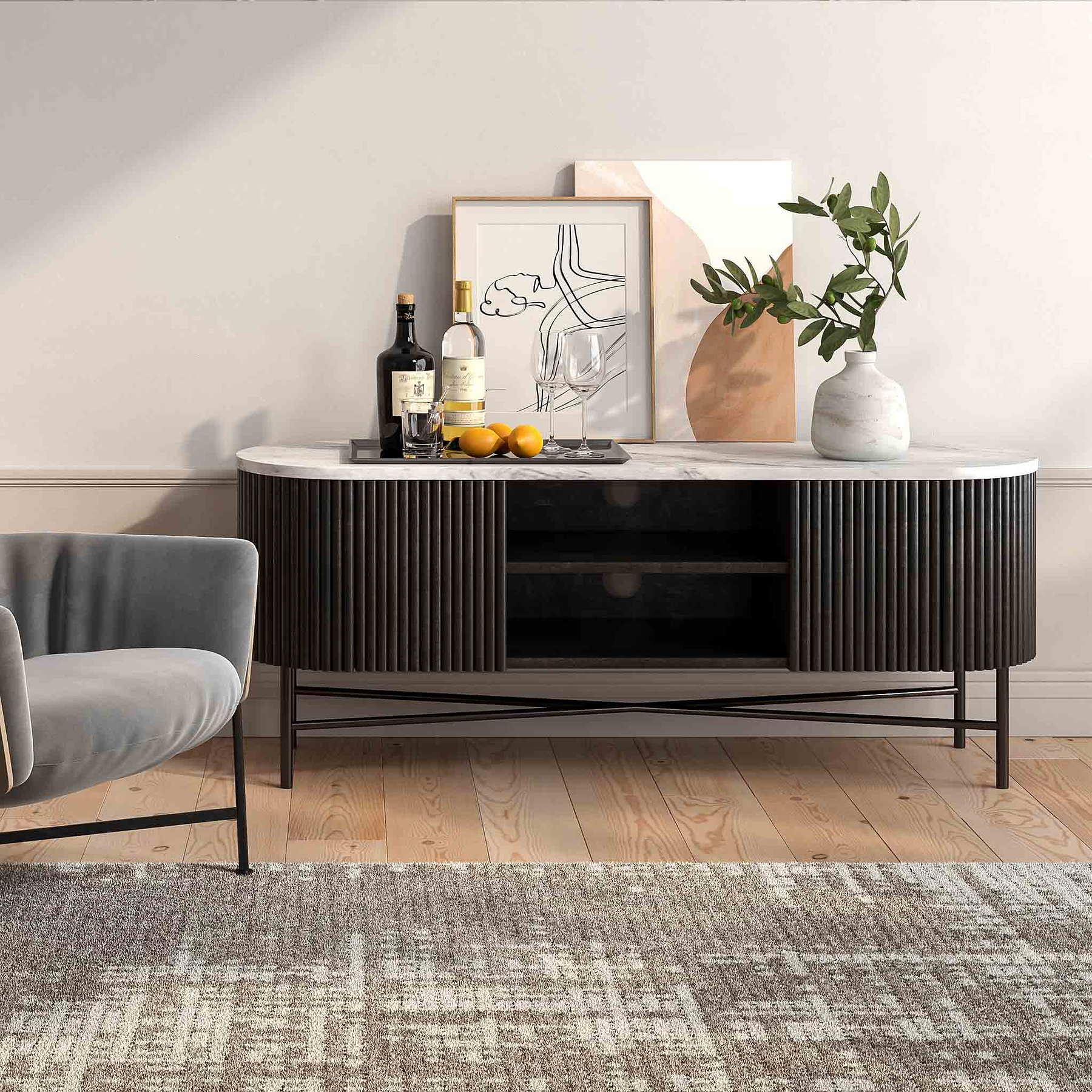 Milo Matt Black Mango & Marble Fluted Wide TV Media Unit Lifestyle