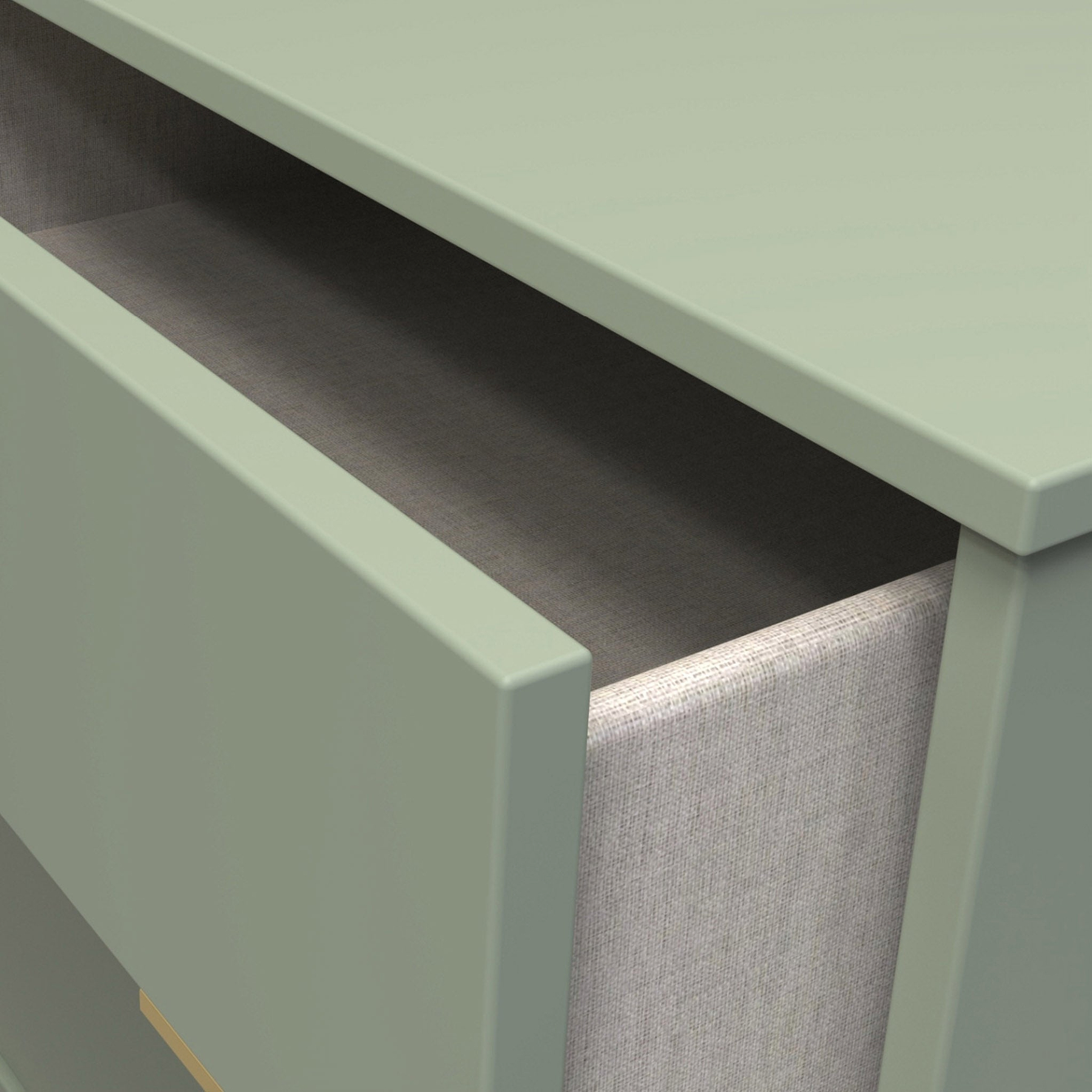 Moreno Olive Green 2 Drawer Bedside Cabinet with Gold Hairpin Legs drawer close up